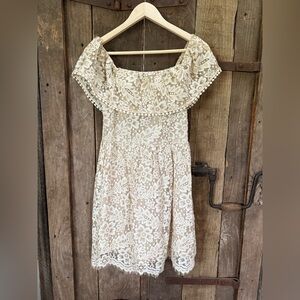 Altar’d State Beige Ivory Gold Lace Off Shoulder Boho Dress Sz Small
